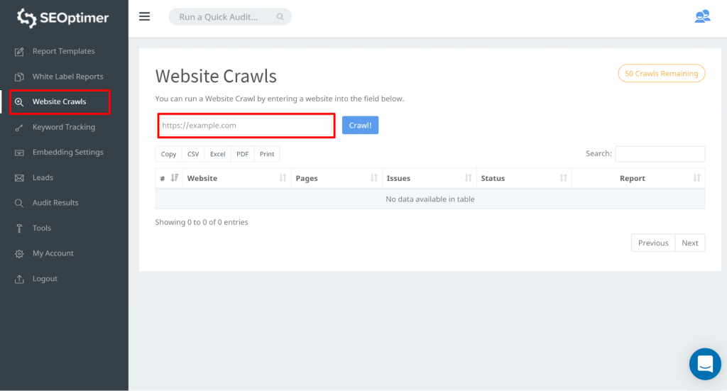 inserisci l'URL del tuo sito web e premi "crawl" strumento seoptimer